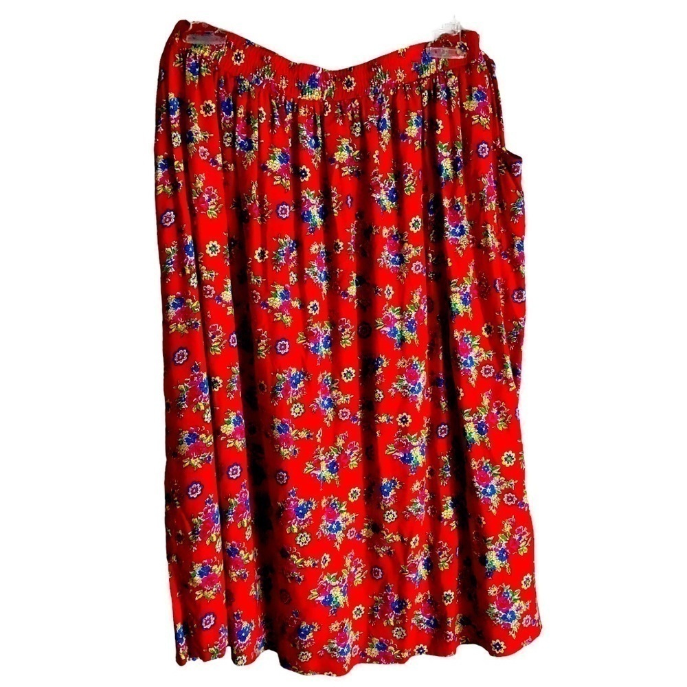 CHAUS Sport Med Red Floral Retro Vintage Skirt Elastic Waist Pockets Small (f)